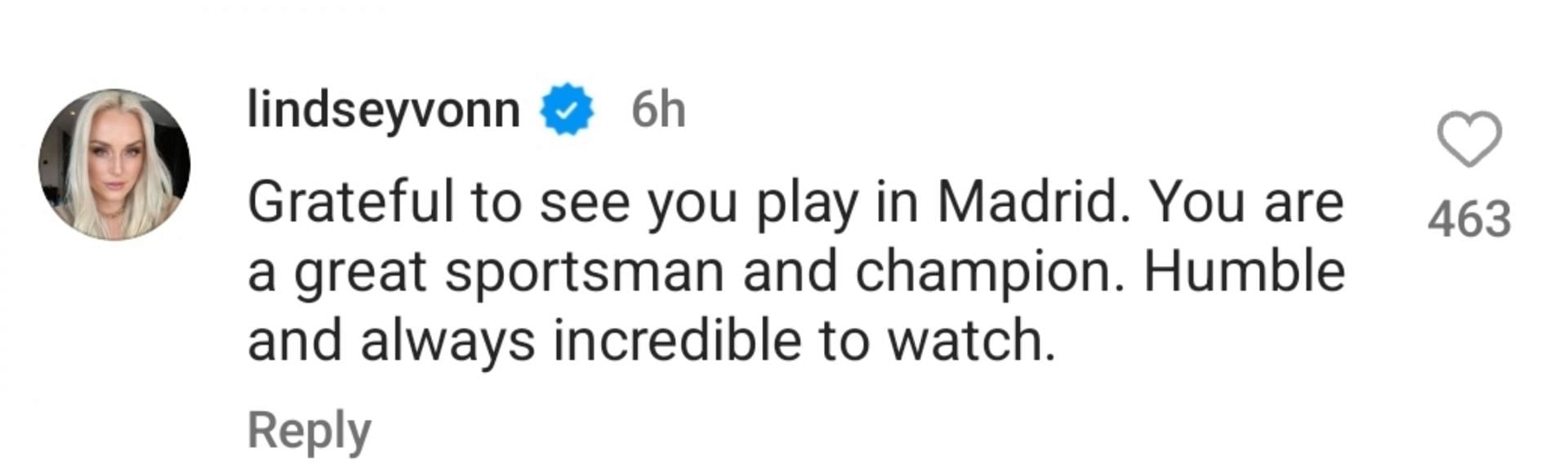 Lindsey Vonn's comment on Rafael Nadal's post